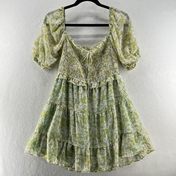 Sabo Skirt Dresses & Skirts - SABO Dress Sz M Floral Peasant Smocked Mini Puff Sleeve Shirred Tiered Green